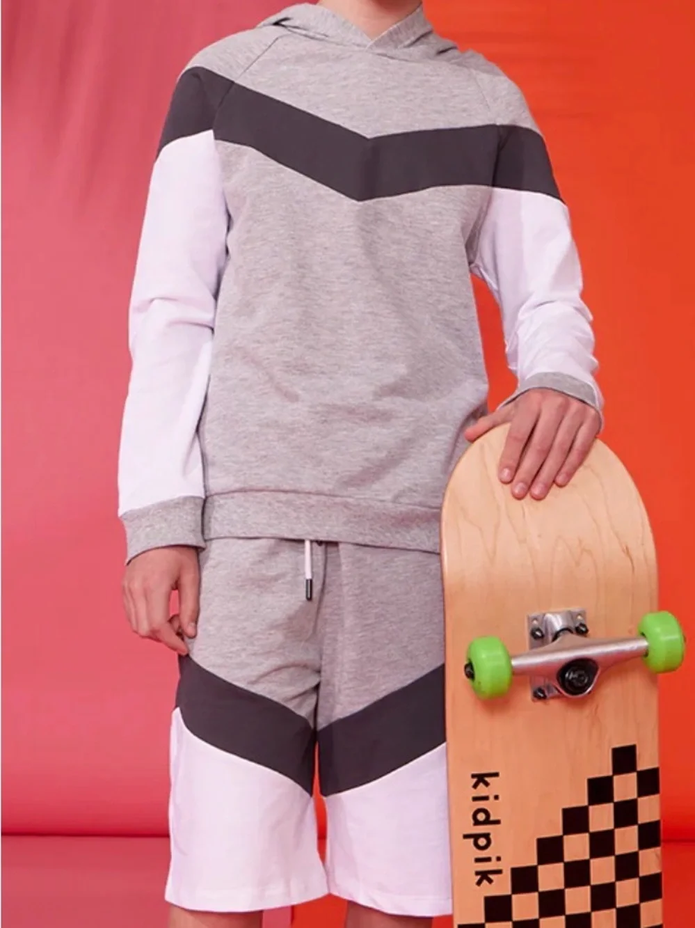 ( SET) Kidpik Skater Kid Pullover Sweatshirt & Shorts Set Blue Orange & White - Picture 4 of 8